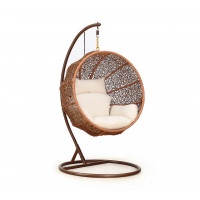 Manhattan Comfort OD-HC001-CR Zolo Metal and Rattan Hanging Lounge Egg Patio Swing with Cream Cushion